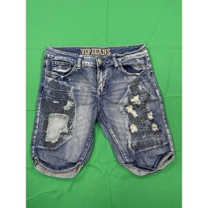 VIP Jeans Womens Size 9 Distressed Denim Bermuda Shorts Stretch Rolled Hem Blue